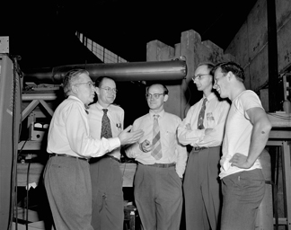 From left, Emilio Segrè, Clyde Wiegand, Edward Lofgren, Owen Chamberlain and Thomas Ypsilantis.