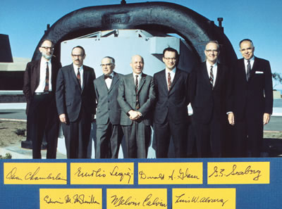 Seven Lab Nobel Laureates pose in front of Lawrence's 37-inch magnet, 1969 (from left to right) Chamberlain, McMillan, Segre, Calvin, Glaser, Alvarez, and Seaborg.