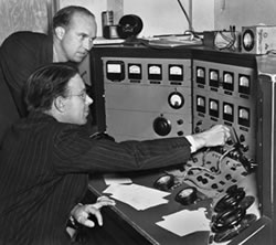 John Lawrence, above, with brother Ernest at the controls of the 60-Inch Cyclotron.